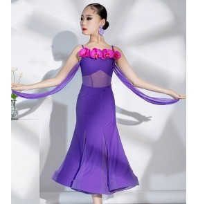 White violet flowy ballroom dance dresses for girls kids children petal flowers salsa tango waltz ballroom dancing long skirts for Girls